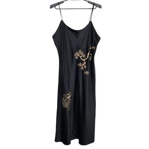 Womens Natori Nightgown Sleep Dress Size XL Black Embroidered Satin Midi